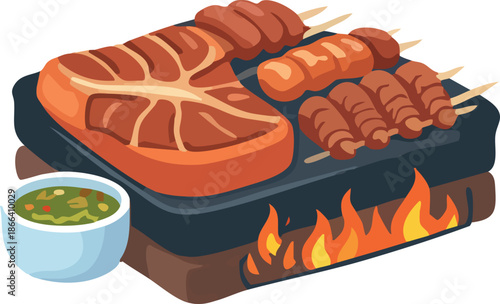 A flat-style illustration depicts assorted grilled meats and skewers cooking on a hot grill with visible flames and a small bowl of green dipping sauce.