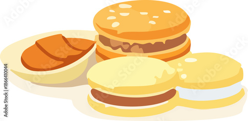 A flat-style illustration features assorted sandwich cookies and filled biscuits arranged on a plate in a warm, simple cartoon food style.
