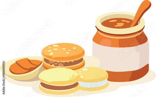A flat-style illustration shows assorted cookies and sandwich biscuits served with a jar of honey and a spoon in a warm, minimal cartoon food style
