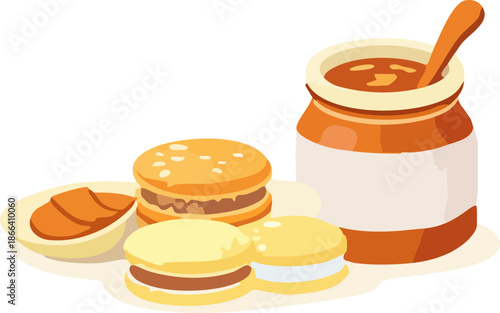 A flat-style illustration shows assorted cookies and sandwich biscuits served with a jar of honey and a spoon in a warm, minimal cartoon food style