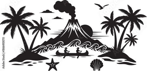 Tropical island silhouette with erupting volcano and palm trees