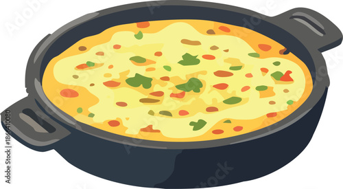 A flat-style illustration shows a creamy baked dish with vegetables served hot in a dark cooking pan.