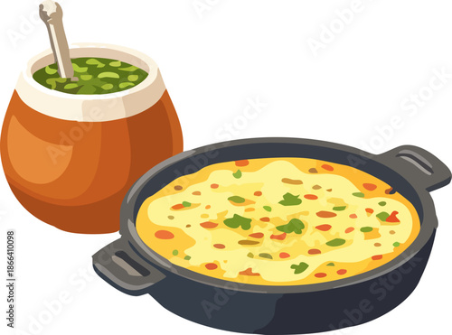 A flat-style illustration shows a creamy hot dish cooked in a pan alongside a jar of green sauce with a spoon, presented in a warm cartoon food style.