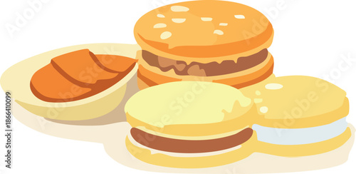 A flat-style illustration features assorted sandwich cookies and filled biscuits arranged on a plate in a warm, simple cartoon food style.