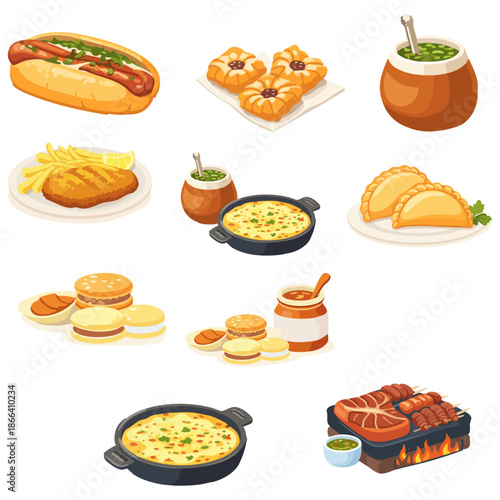 A colorful set of flat food illustrations displays a variety of comfort dishes such as hot dogs, pastries, empanadas, soups, grilled meats, pancakes, and sauces arranged