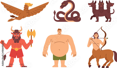 Mythological creatures illustration set featuring griffin, hydra, cerberus, minotaur, cyclops, and centaur characters, ancient Greek mythology fantasy vector icons for education and storytelling.