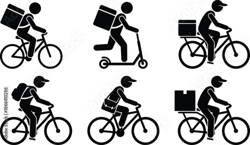 Delivery personnel riding various vehicles with packages