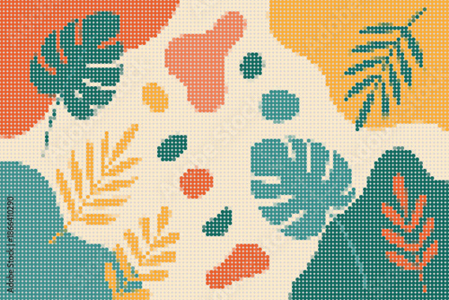 Exotic Forest Leaves and Colorful Designs in Halftone Matrix Summer Poster Background