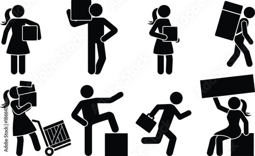 People moving boxes and objects in various poses