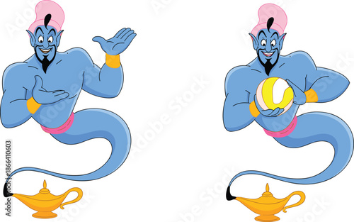 Cartoon genie character illustration showing magical blue genie with lamp and glowing ball, fantasy mascot design for fairy tales, wishes, imagination, and entertainment concepts.