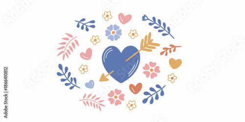 Floral wreath illustration featuring a blue heart pierced by a golden arrow