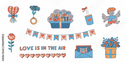 A charming collection of valentine s day elements including hearts gifts and cupid