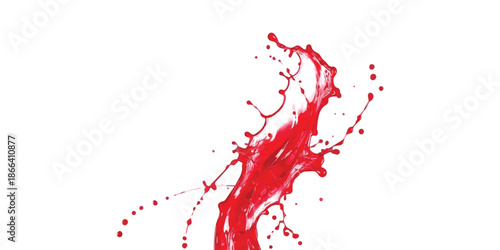 Red paint splash frozen in motion on a white background with droplets