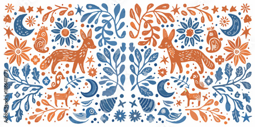 Folk art pattern featuring foxes deer and floral elements in blue and orange