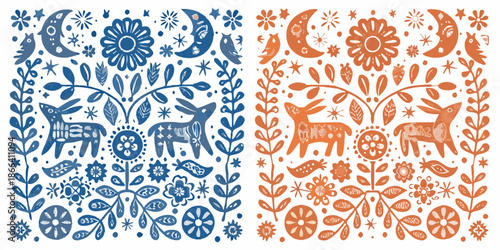 Folk art composition featuring floral motifs deer and celestial symbols in dual color schemes