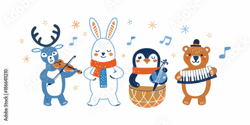 Festive animal musicians playing instruments in a cheerful winter scene
