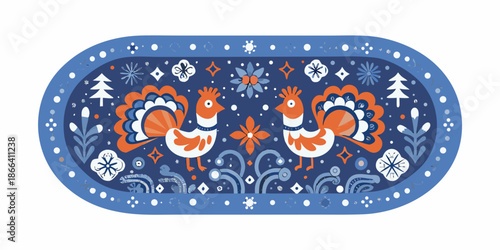 A vibrant oval rug featuring two stylized roosters and folk art designs