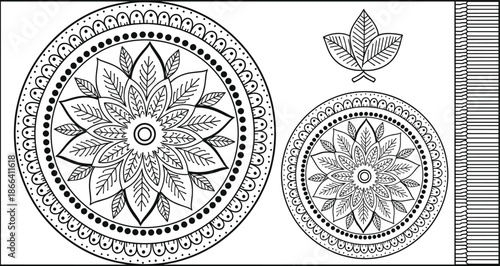 Mandala vector, dual floral design, black and white artwork, intricate pattern, meditation coloring page, ornamental line art, spiritual decor