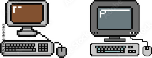 Retro pixel art desktop computer illustration set featuring vintage monitors, keyboards, and mice, classic 8-bit technology design for gaming, nostalgia, and digital history themes.