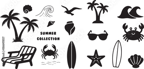 Summer vacation silhouette graphics featuring beach icons and accessories silhouette