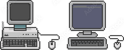 Retro pixel art computer illustration set showing vintage desktop PCs with monitor, keyboard, and mouse, classic technology design for gaming, nostalgia, and digital history concepts.
