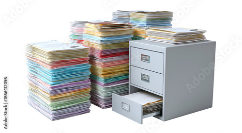 Large stacks of colorful paperwork and a filing cabinet overflowing with documents