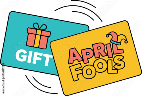 Funny April Fools Day prank concept showing a teal gift card swapping for a yellow April Fools card with jester hat as a trick joke surprise for holiday humor and deception fun symbol.