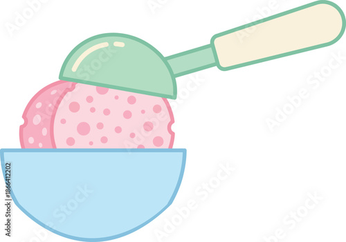 Funny April Fools Day prank concept with a pink kitchen sponge being scooped into a blue bowl like strawberry ice cream for a fake food trick and practical joke surprise holiday fun.