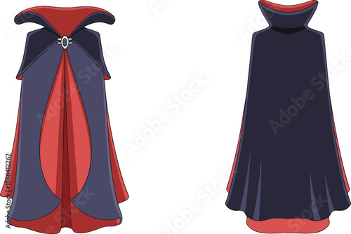 Fantasy vampire cloak illustration featuring front and back views of dark royal cape costume, gothic medieval garment design for RPG characters, cosplay, and game asset concepts.