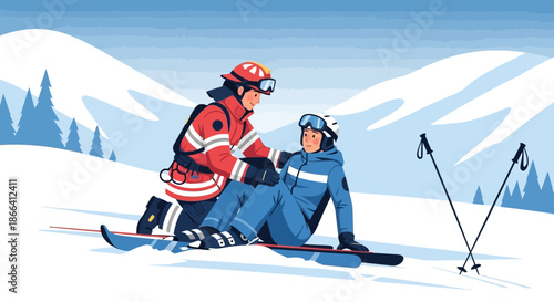 Ski Patrol Assisting Injured Skier on Snowy Mountain.