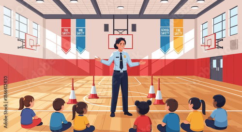 Teacher instructing children in a school gymnasium with cones.