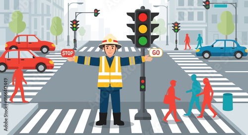 Traffic Warden Directing Pedestrians and Cars at Crosswalk.