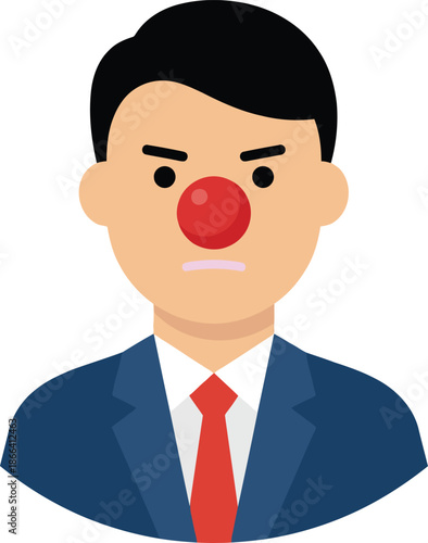 Angry businessman wearing a red clown nose looking serious and grumpy in a blue suit and red tie for April Fools Day prank or corporate humor concept regarding bad jokes and office fun.
