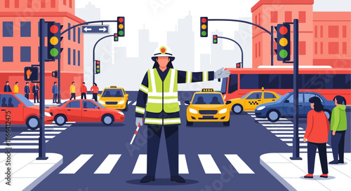 Traffic Warden Directing Vehicles and Pedestrians at Busy Intersection.