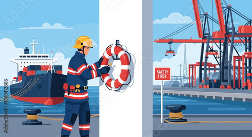 Dockworker with Lifebuoy at Port Safety and Maritime Industry.