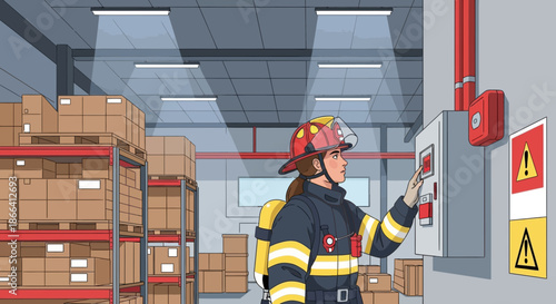 Firefighter Activating Fire Alarm System in Warehouse.