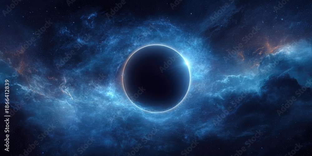 Naklejka premium A dark sphere is haloed by vibrant blue and orange cosmic clouds in vast space