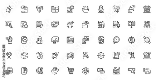 Marketing icon set. Business vector illustrations. Includes symbols for megaphone, branding, social media, SEO, sales, target audience, finance, presentation and more. Editable stroke.