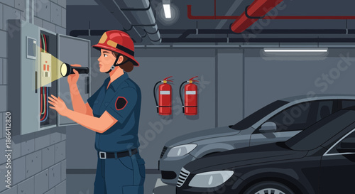 Firefighter Inspecting Electrical Panel in Underground Parking Garage.