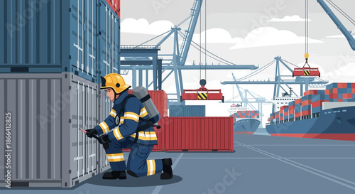 Firefighter Inspecting Cargo Container at Port Safety Check.