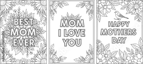 Mother's Day coloring pages, floral typography set, black and white printable art, heartfelt messages, decorative illustration pack
