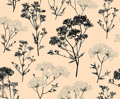 Black and white floral pattern on beige background showing various plants and flowers in a repeated design