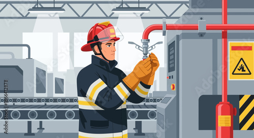 Firefighter Inspecting Sprinkler System in Industrial Setting.