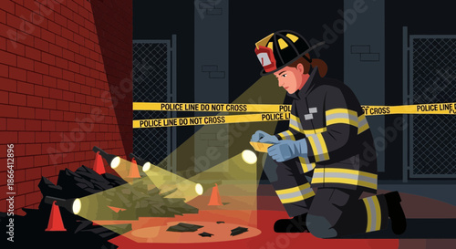 Firefighter Inspecting Evidence at Crime Scene with Flashlights.