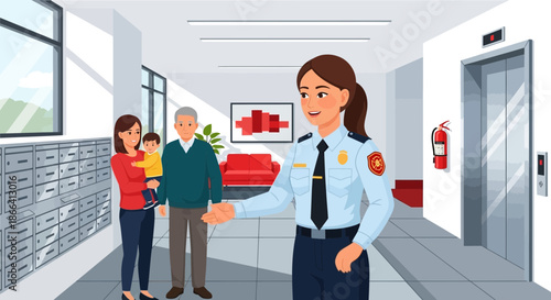 Friendly Security Guard Helping Residents in Apartment Building.