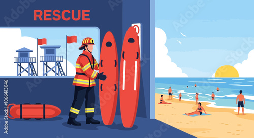 Lifeguard Ready for Beach Rescue with Equipment.