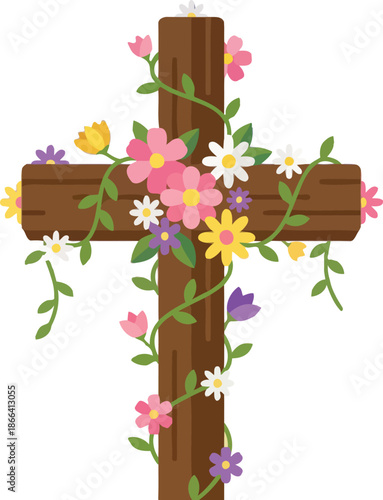 Wooden Christian cross wrapped in green vines and blooming with colorful spring flowers for Easter holiday religious celebration and resurrection faith symbol church decoration design.