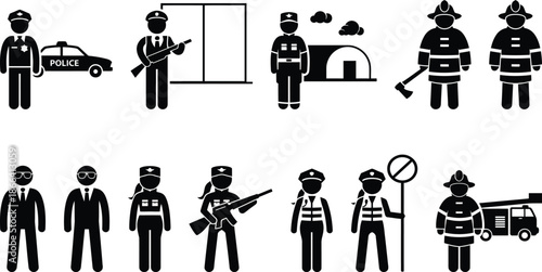 Collection of silhouette icons for emergency services and personnel