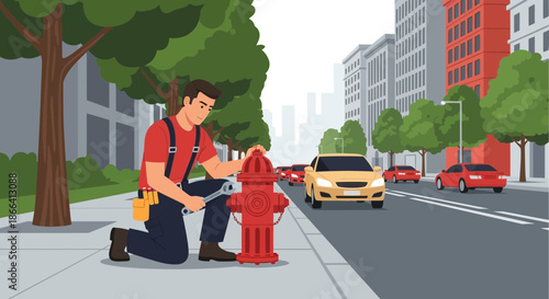 Man Repairing a Fire Hydrant on a City Street.