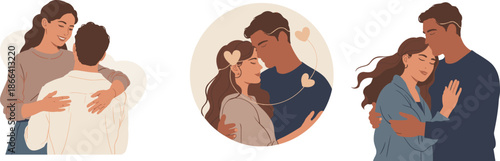 Cartoon couples embracing affectionately in romantic poses for love, relationship, emotional connection, and Valentine-themed vector illustration content.